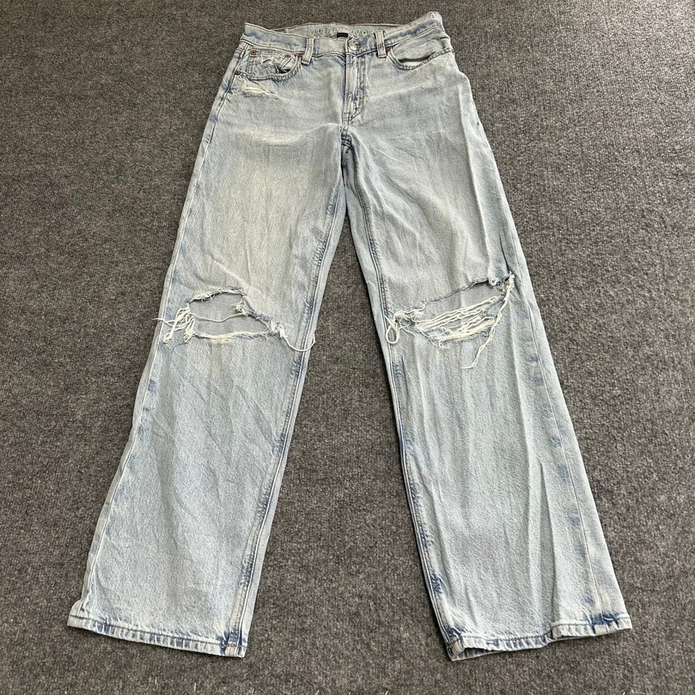 American Eagle Jeans Womens Size 2 Long Light Wash Distressed Ripped Wide Leg